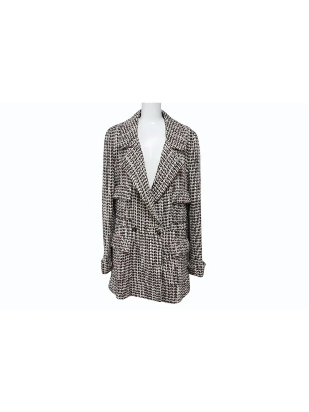 Chanel Jacket Coco Buttons Tweed Rayon Wool White Brown